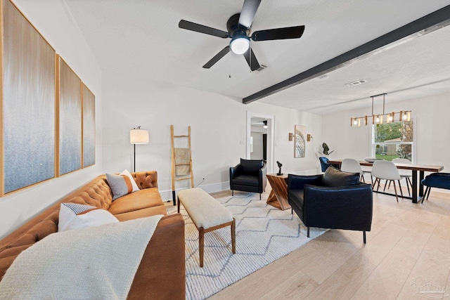 living area featuring beam ceiling, visible vents, a textured ceiling, and light wood finished floors