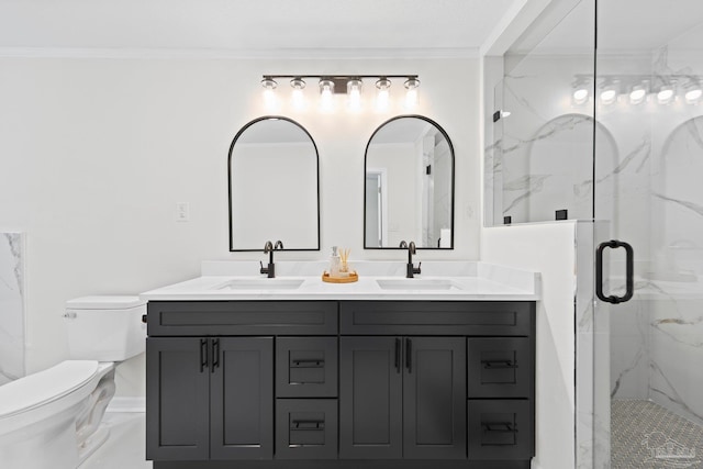 bathroom featuring toilet, crown molding, a marble finish shower, and a sink