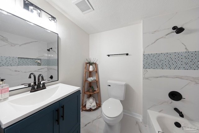 bathroom with visible vents, toilet, marble finish floor, a textured ceiling, and vanity