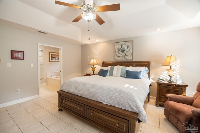 9638 Wills Ln, Lillian, AL 36549 - bedroom featuring light tile patterned floors, baseboards, lofted ceiling, connected bathroom, and recessed lighting