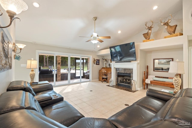 9638 Wills Ln, Lillian, AL 36549 - tiled living room featuring ceiling fan, a fireplace, recessed lighting, a chandelier, and vaulted ceiling