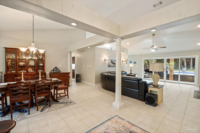 9638 Wills Ln, Lillian, AL 36549 - living room featuring decorative columns, ceiling fan, recessed lighting, light tile patterned floors, and a chandelier