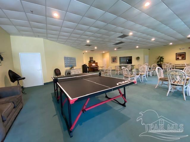 rec room with carpet flooring and recessed lighting