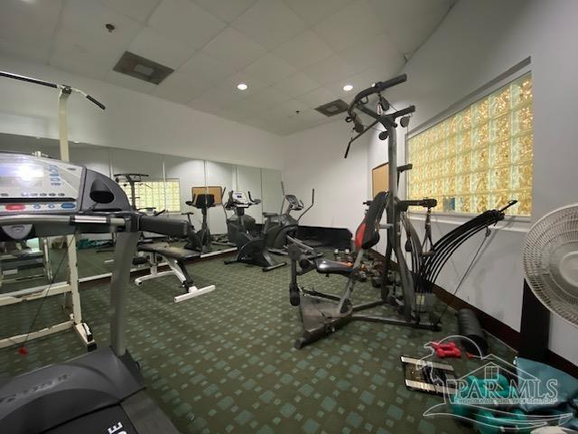 gym featuring carpet floors and a paneled ceiling
