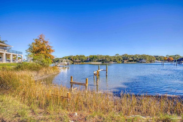 view of water feature with a dock