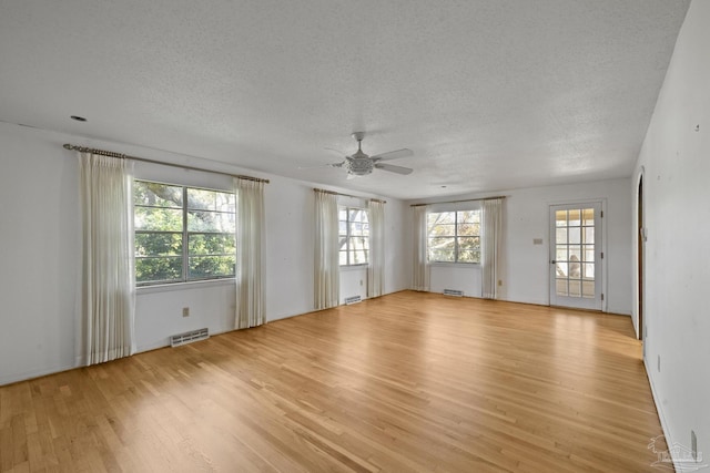 empty room with a textured ceiling, light hardwood / wood-style floors, and a healthy amount of sunlight