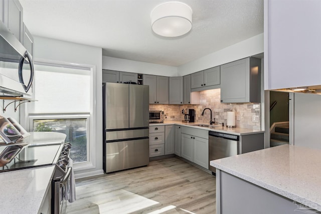 kitchen with gray cabinetry, decorative backsplash, sink, and appliances with stainless steel finishes