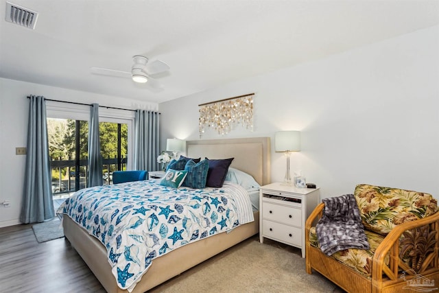 bedroom featuring access to exterior and ceiling fan