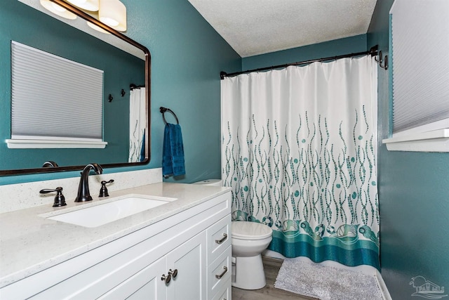 bathroom with hardwood / wood-style floors, vanity, a textured ceiling, and toilet