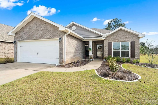 single story home featuring an attached garage, a front lawn, concrete driveway, and brick siding