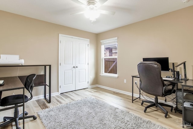 office featuring ceiling fan and light hardwood / wood-style flooring