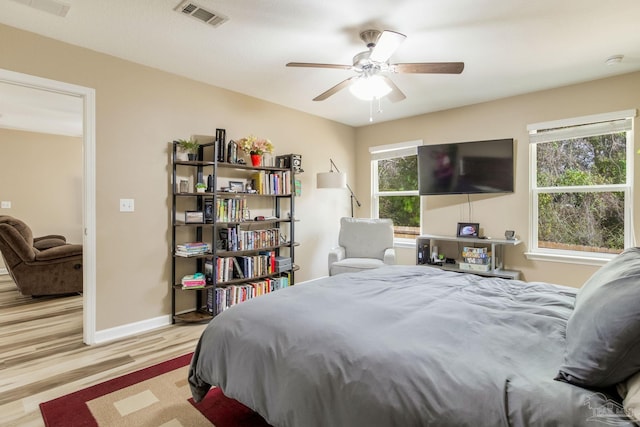 bedroom featuring ceiling fan and light wood-type flooring