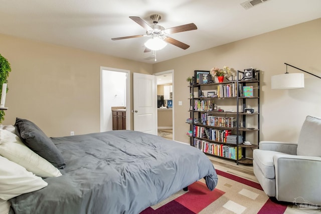 bedroom featuring ceiling fan and light wood-type flooring