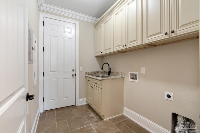 clothes washing area with hookup for an electric dryer, washer hookup, cabinets, ornamental molding, and sink