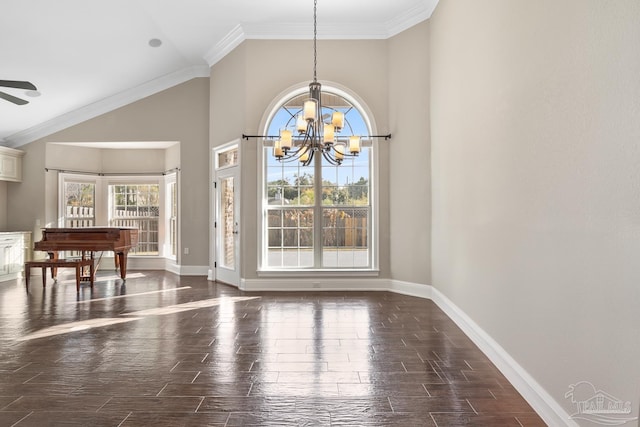 unfurnished dining area with high vaulted ceiling, ceiling fan with notable chandelier, and ornamental molding