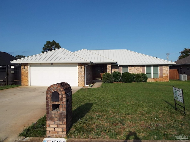 single story home with a standing seam roof, driveway, cooling unit, a garage, and metal roof
