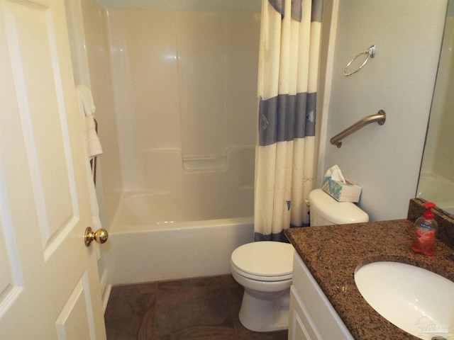 full bath featuring toilet, tile patterned floors, vanity, and shower / tub combo with curtain