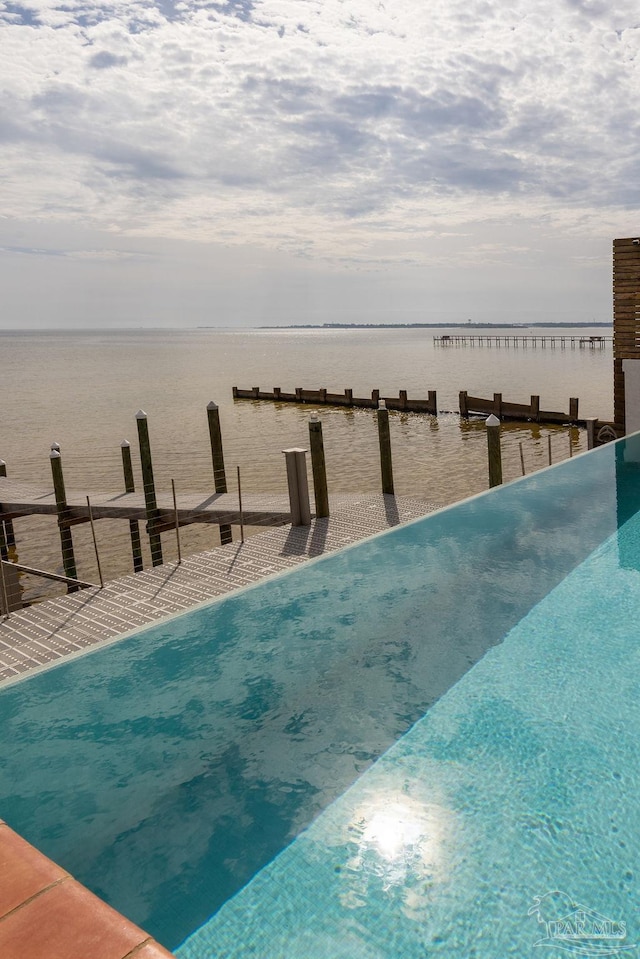 view of pool featuring a boat dock and a water view