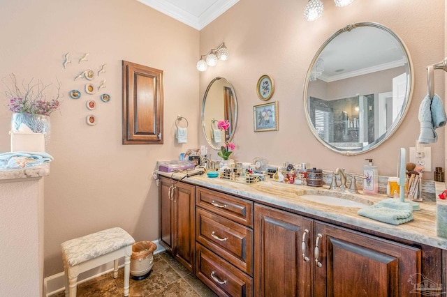 5757 Cobble Creek Dr, Pace, FL 32571 - bathroom featuring double vanity, crown molding, and baseboards