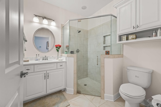 5757 Cobble Creek Dr, Pace, FL 32571 - bathroom featuring vanity, a stall shower, toilet, and tile patterned floors