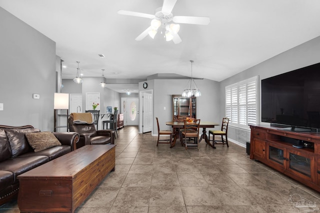 3774 Mcnemar Ct, Gulf Breeze, FL 32563 - living area with ceiling fan, baseboards, lofted ceiling, and a chandelier