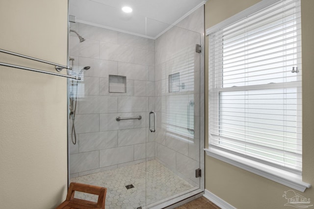3774 Mcnemar Ct, Gulf Breeze, FL 32563 - bathroom with a shower stall and crown molding