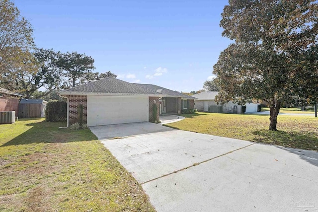 ranch-style home featuring a front yard, a garage, and cooling unit