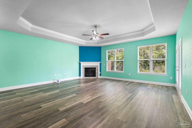 3826 Ranch Rd, Pace, FL 32571 - unfurnished living room featuring a tray ceiling, wood finished floors, and a textured ceiling