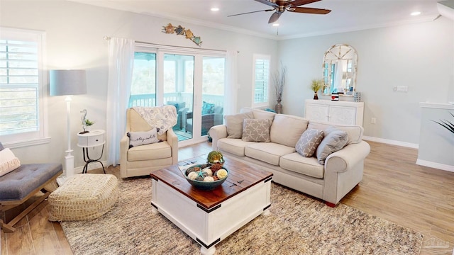 living room featuring ornamental molding, light hardwood / wood-style floors, and ceiling fan