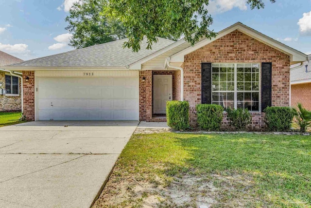 single story home with a garage and a front yard