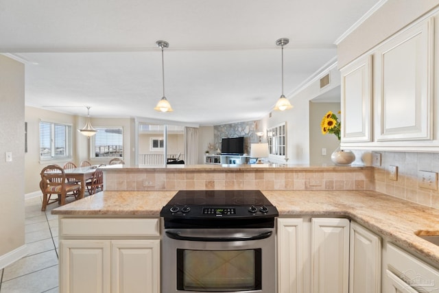 1111 Ft Pickens Rd Unit 111, Pensacola Beach, FL 32561 - kitchen featuring stainless steel electric stove, decorative backsplash, ornamental molding, light stone countertops, and decorative light fixtures