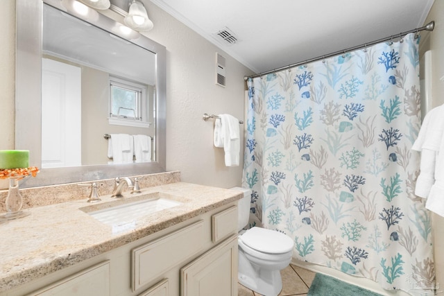1111 Ft Pickens Rd Unit 111, Pensacola Beach, FL 32561 - bathroom featuring vanity, ornamental molding, tile patterned floors, and a shower with shower curtain