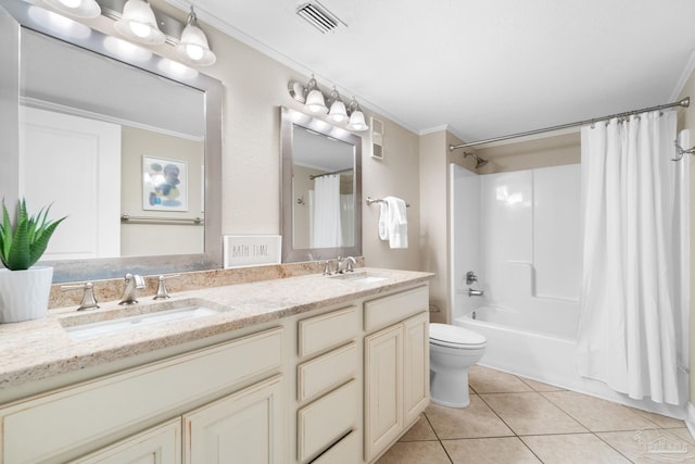 1111 Ft Pickens Rd Unit 111, Pensacola Beach, FL 32561 - bathroom featuring tile patterned flooring, crown molding, double vanity, and shower / bathtub combination with curtain