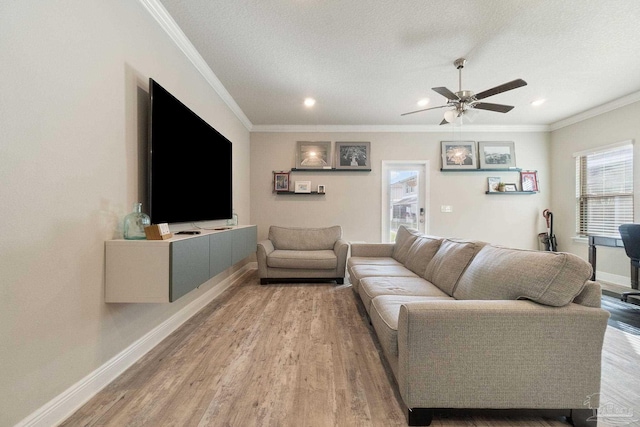 living room with a textured ceiling, light wood-type flooring, ceiling fan, and ornamental molding