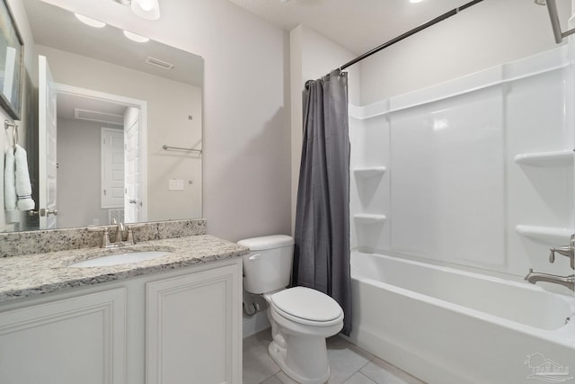 full bathroom featuring toilet, shower / tub combo, vanity, and tile patterned floors