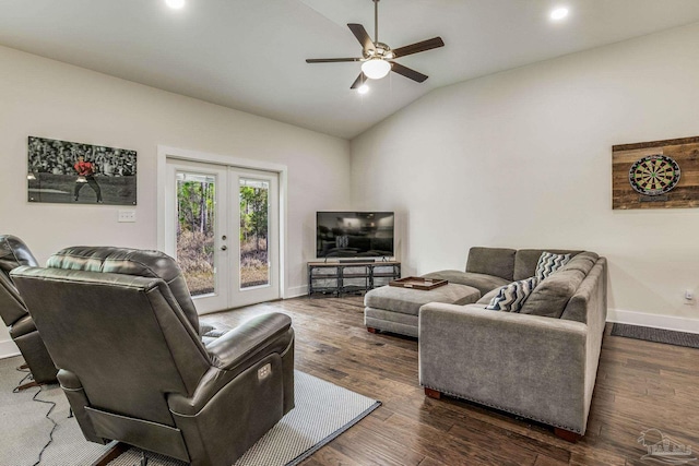 living room with vaulted ceiling, dark wood-type flooring, ceiling fan, and french doors