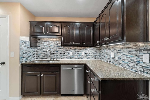 kitchen with decorative backsplash, dark stone countertops, sink, dark brown cabinetry, and stainless steel dishwasher