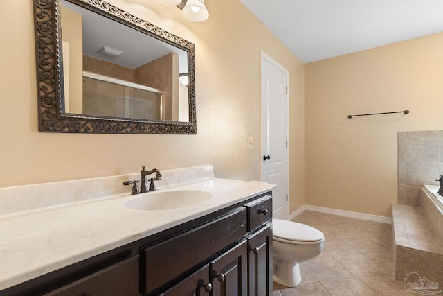 full bathroom with vanity, shower with separate bathtub, toilet, and tile patterned floors