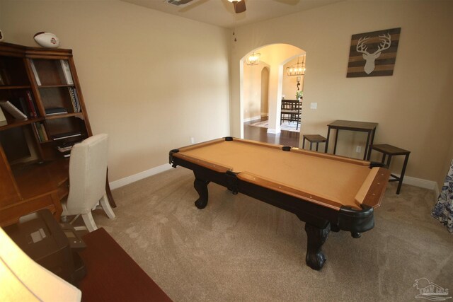 4135 Dundee Crossing Dr, Pace, FL 32571 - playroom featuring arched walkways, carpet, billiards table, and baseboards