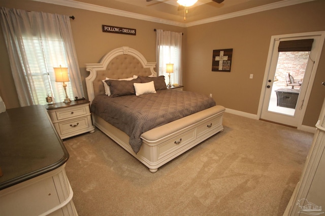 4135 Dundee Crossing Dr, Pace, FL 32571 - bedroom featuring crown molding, light carpet, ceiling fan, and baseboards