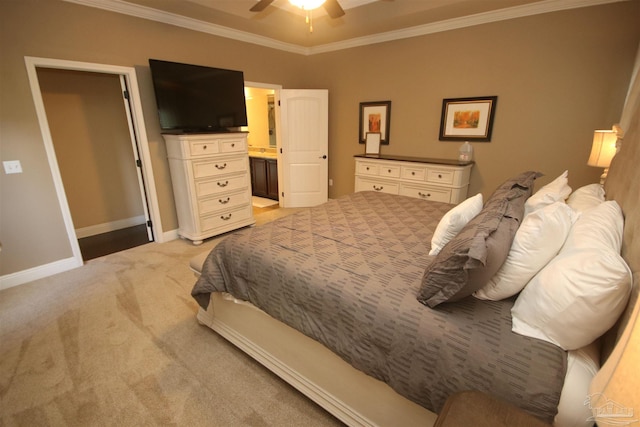 4135 Dundee Crossing Dr, Pace, FL 32571 - bedroom with ornamental molding, light carpet, baseboards, a ceiling fan, and ensuite bath