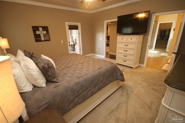 4135 Dundee Crossing Dr, Pace, FL 32571 - bedroom featuring ornamental molding, light colored carpet, baseboards, and ceiling fan