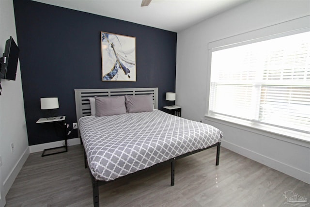 bedroom featuring ceiling fan and wood-type flooring