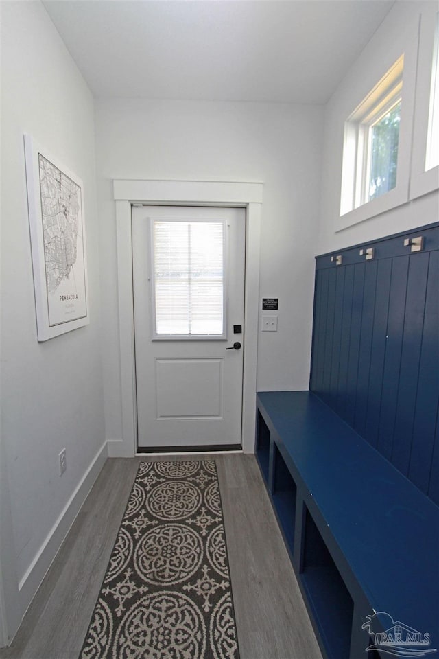 mudroom with plenty of natural light and dark hardwood / wood-style floors