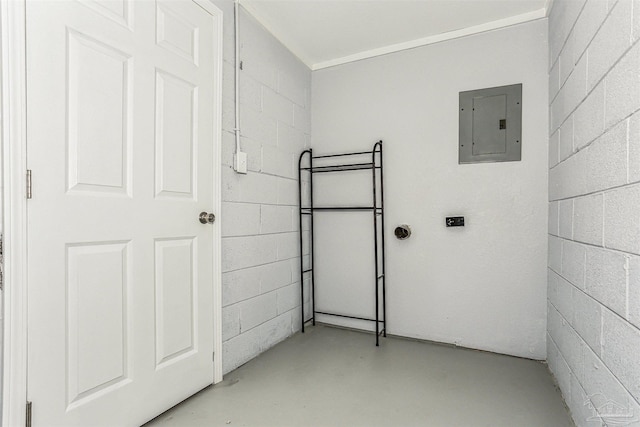 808 Woodland Dr, Pensacola, FL 32503 - clothes washing area featuring concrete block wall, crown molding, and electric panel