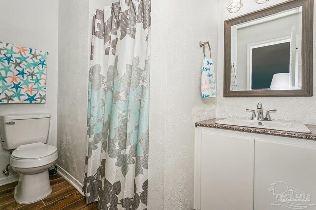 bathroom with toilet, wood finished floors, vanity, and curtained shower