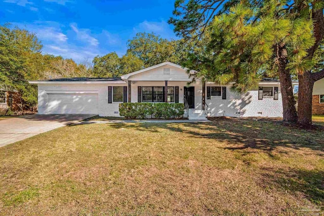 single story home featuring an attached garage, brick siding, driveway, crawl space, and a front yard