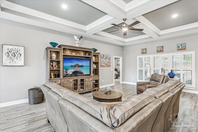 living area with coffered ceiling, baseboards, ceiling fan, beamed ceiling, and light wood-type flooring