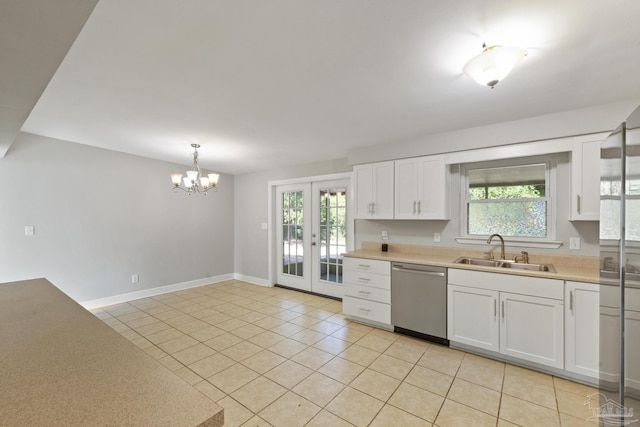 kitchen featuring appliances with stainless steel finishes, french doors, sink, pendant lighting, and white cabinets