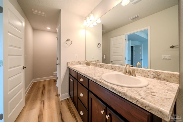 bathroom featuring wood-type flooring, toilet, and vanity